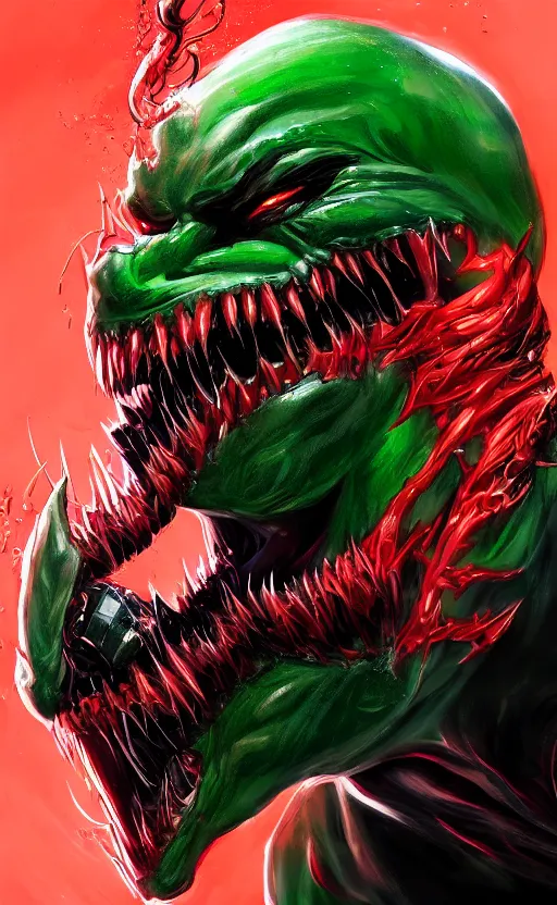 Prompt: portrait of venom as the green goblin, black and red, dynamic lighting, cinematic, ultra detailed, trending on art station, stunning visuals, creative, fantasy concept art