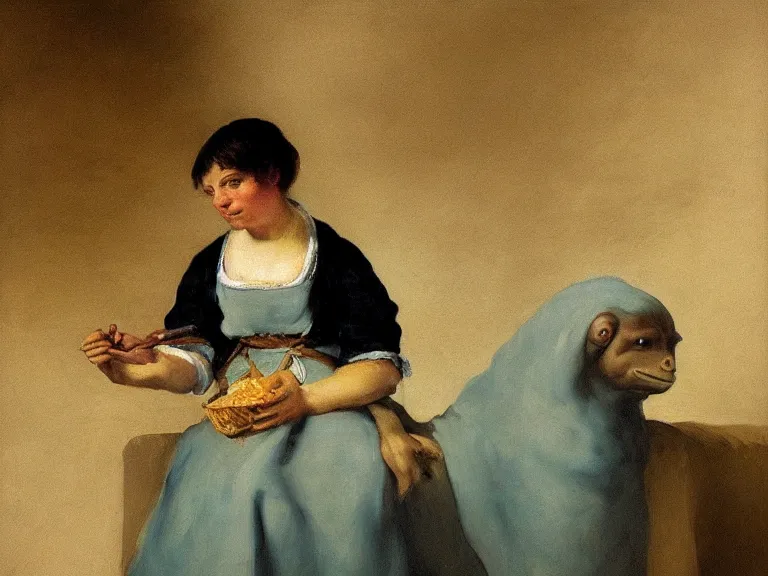 Image similar to The Milkmaid of Bordeaux by Francisco Goya, vaporware, pepe the frog, high detail, high resolution