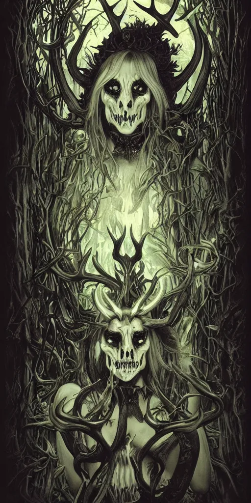 Prompt: intense bioluminescent black metal pagan god with antlers and fangs and intense glowing eyes with a bull skull in very dark forest by mark ryden and alphonse mucha, portrait, fantasy, clear, light beams, lens flare, intense, uhd, amazing depth, cinematic lighting