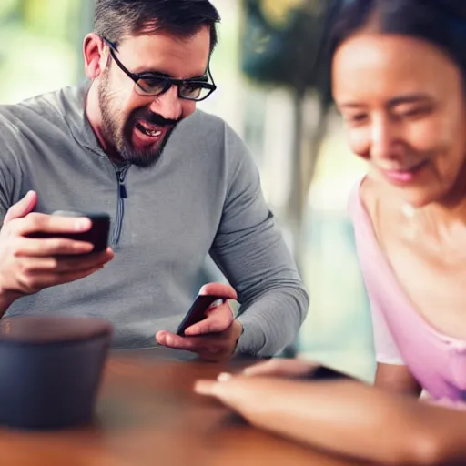 Image similar to man chuckling at his smartphone, woman sighing with frustration