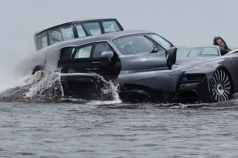 Image similar to Group of teenagers push Rolls-Royce into lake from small slide