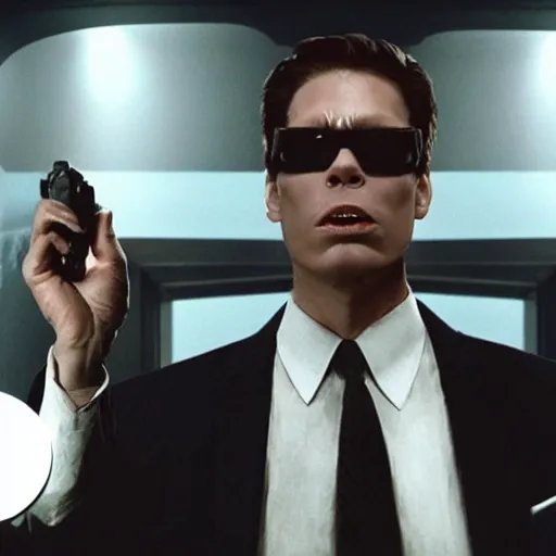 Image similar to Live Action Still of Jerma985 in Men in Black, real life, hyperrealistic, ultra realistic, realistic, highly detailed, epic, HD quality, 8k resolution, body and headshot, film still