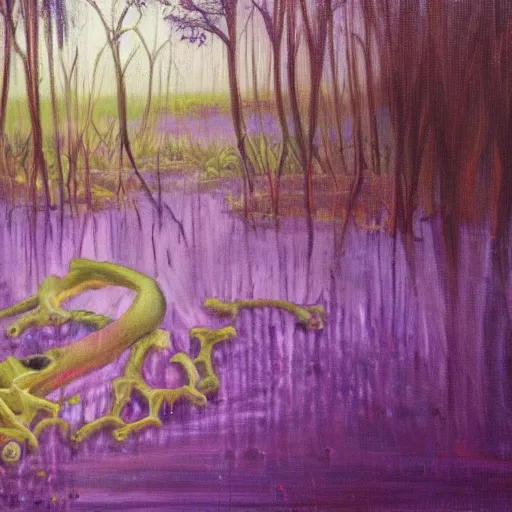 Prompt: oil painting of a swamp filled with bones, with a strange women standing, foggy, purple and yellow color pallet horror art,