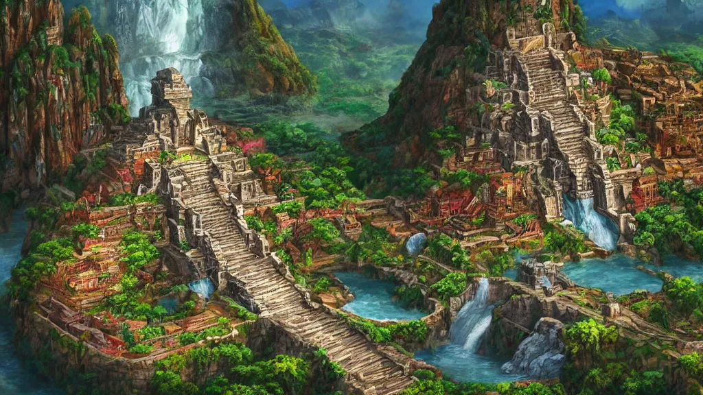 Prompt: ancient aztec city built into a cliff face, waterfall cutting the city in half, lovely colors, art station, digital art, HD, 4k, beautiful foliage