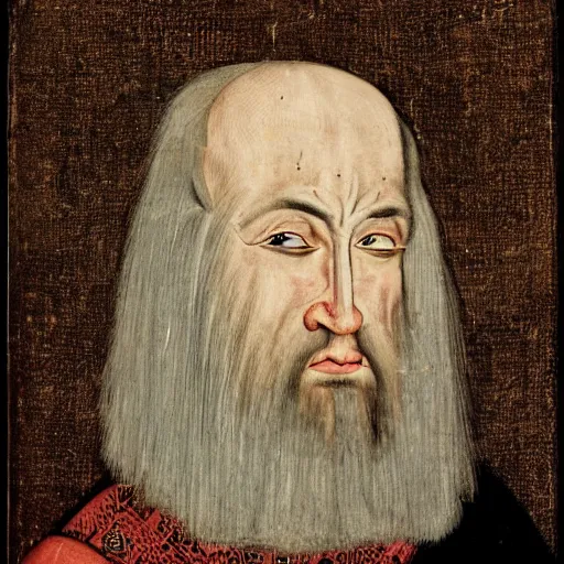 Prompt: a portrait of a very ugly medieval nobleman with white hair, big forhead and mismatched eyes.