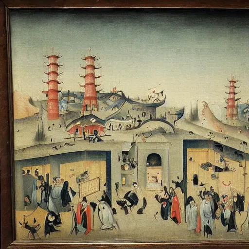 Prompt: a painting of a chinese factory, in the style of hieronymus bosch, very detailed, thick brush strokes, visible paint layers.