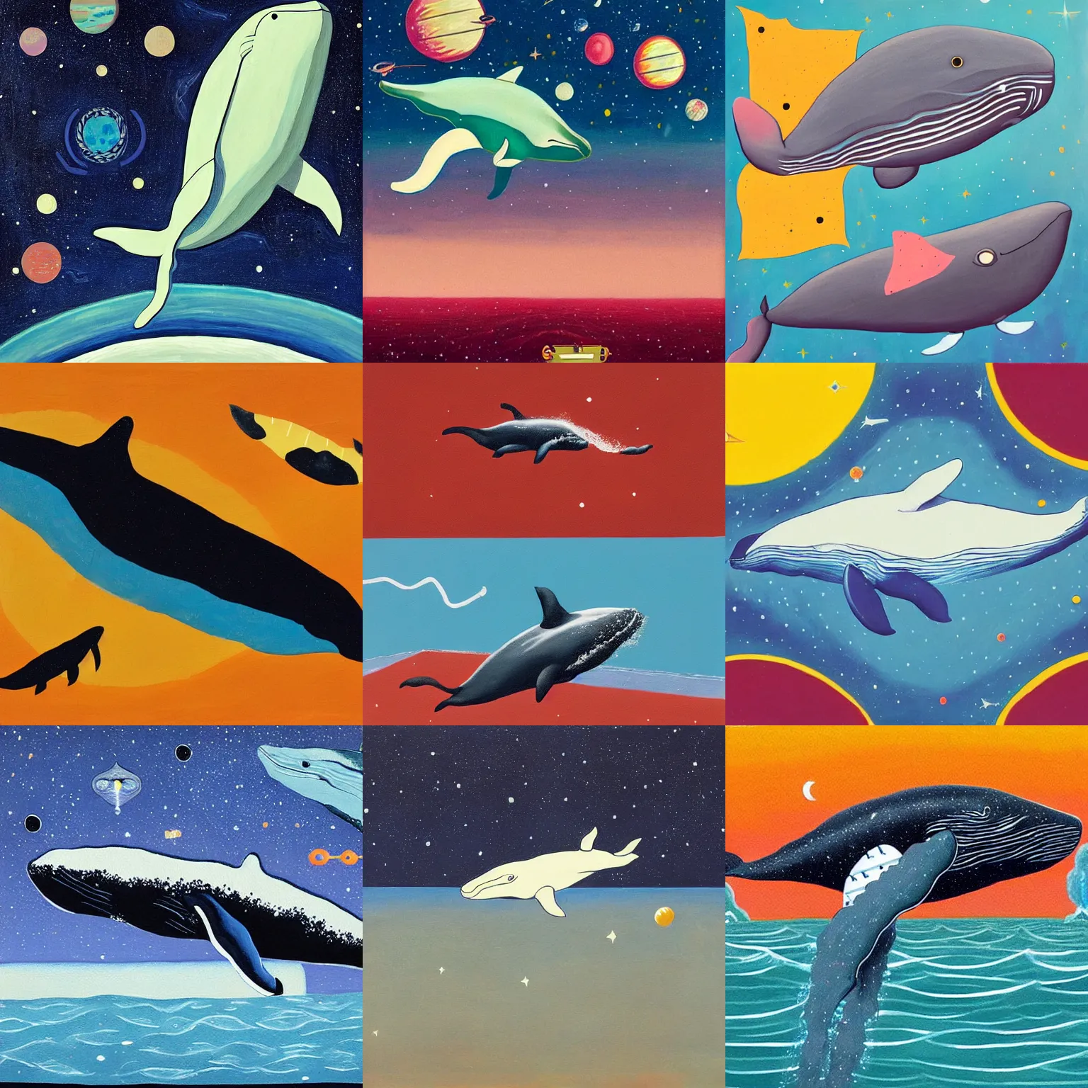 Prompt: a painting of a whale in outer space by wes anderson