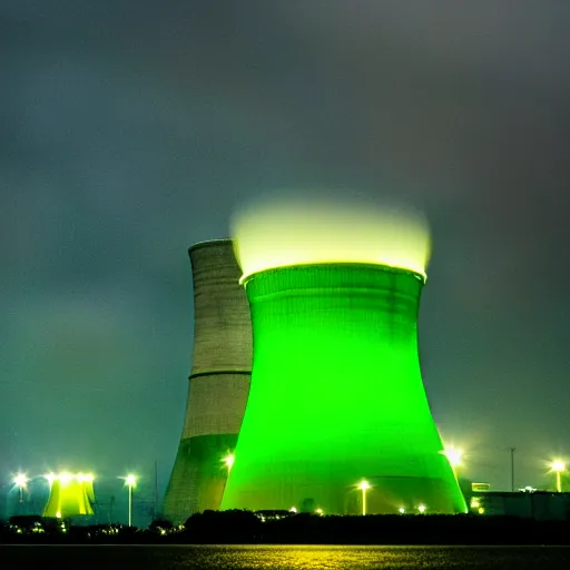 Prompt: nuclear power plant glowing green during a stormy night, award winning photography