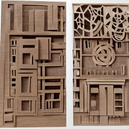 Prompt: louise nevelson and eva jospin wood carving of contemporary architectural garden design