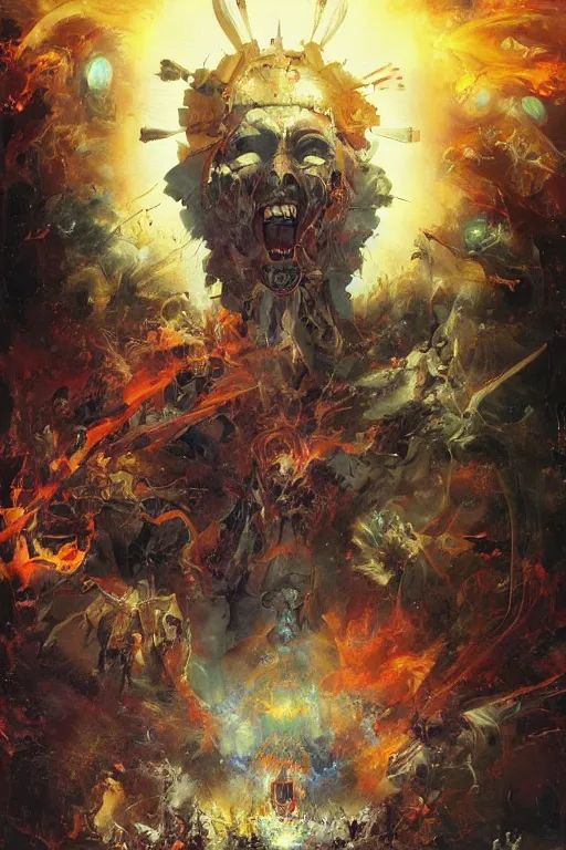 Image similar to we are the gods of the new world order, we are the soldiers, the legion of light! we are the center, the death of the sun, fire and flame, we are one!, by ryohei hase, by john berkey, by jakub rozalski, by john martin