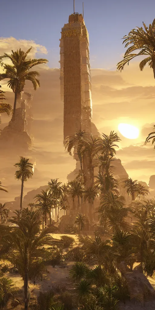 Image similar to eye level view of a golden detailed babylon tower, fantasy, golden hour, photorealism, arid mountains and palm forest, unreal engine