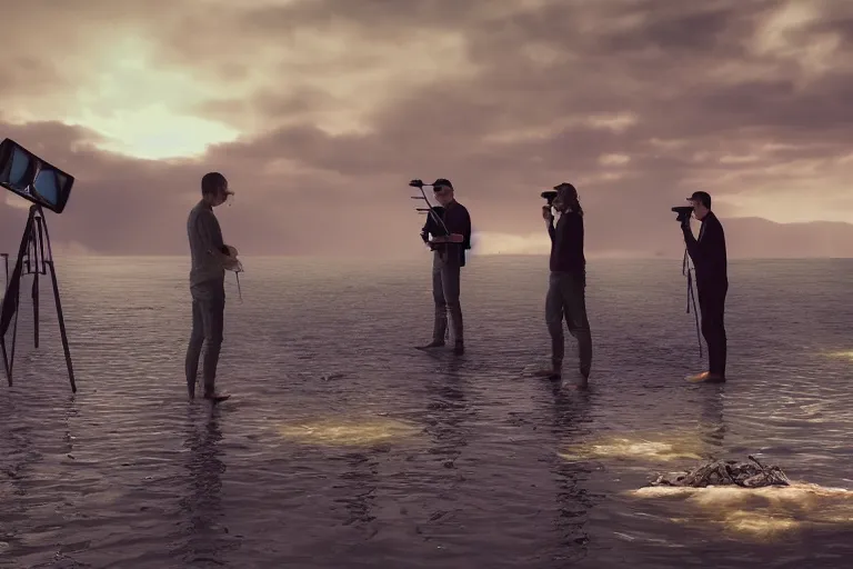 Image similar to shooting a music video on a riverbank, four people are wading in the water, intricate, highly detailed, cinematic, time lapse, uhd 8k, digital art trending on artstation