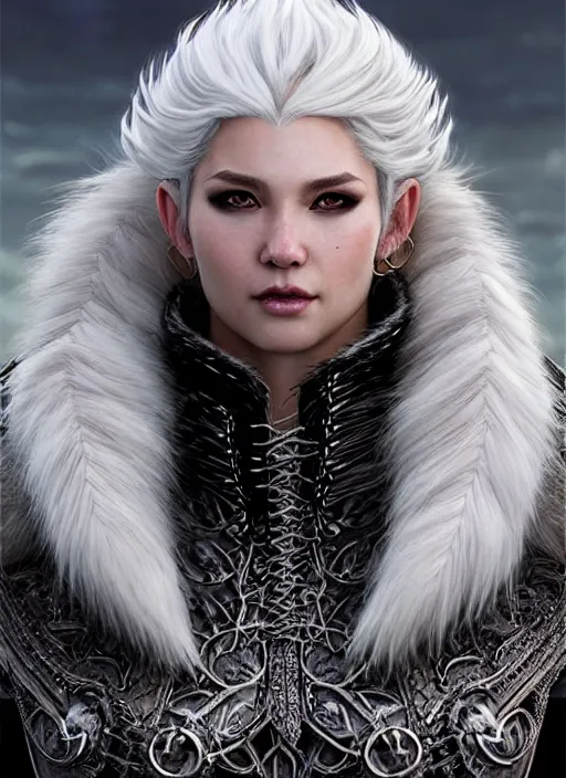 Prompt: fur coated armor!!! long wild white hair!! covered chest!!! fantasy, d & d, intricate ornate details, symmetry, concept art, sharp focus, illustration, art by artgerm! greg rutkowski magali villeneuve wlop! ilya kuvshinov!!, octane render, unreal engine 5, highly rendered!!