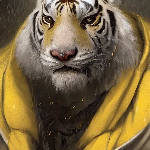 Image similar to a beautfiul award winning aesthetic commission of an antrho albino tiger wearing a yellow-black padded hooded puffer jacket,digital art,art by greg rutkowski,character design by charles bowater,ross tran,photorealistic,detailed face,hyperdetailed,western comic,2021,artstation,deviantart,clean image