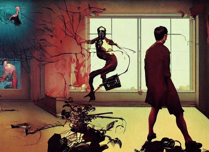 Prompt: a still from the tv series dexter by francis bacon, surreal forest, norman rockwell and james jean, greg hildebrandt, and mark brooks, triadic color scheme, by greg rutkowski, in the style of francis bacon and syd mead and edward hopper and norman rockwell and beksinski, dark surrealism, open ceiling