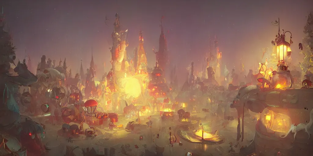 Prompt: Huge wonderland at night, magical, awestriking, impossibly detailed, by Sergey Kolesov