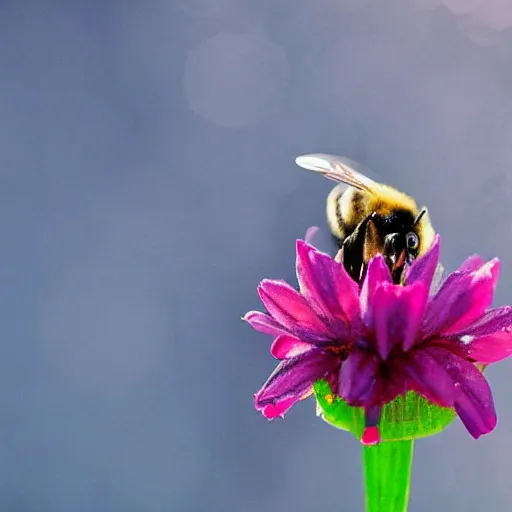 Image similar to a bee finding a beautiful flower, entrapped in ice, only snow in the background, beautiful macro photography, ambient light