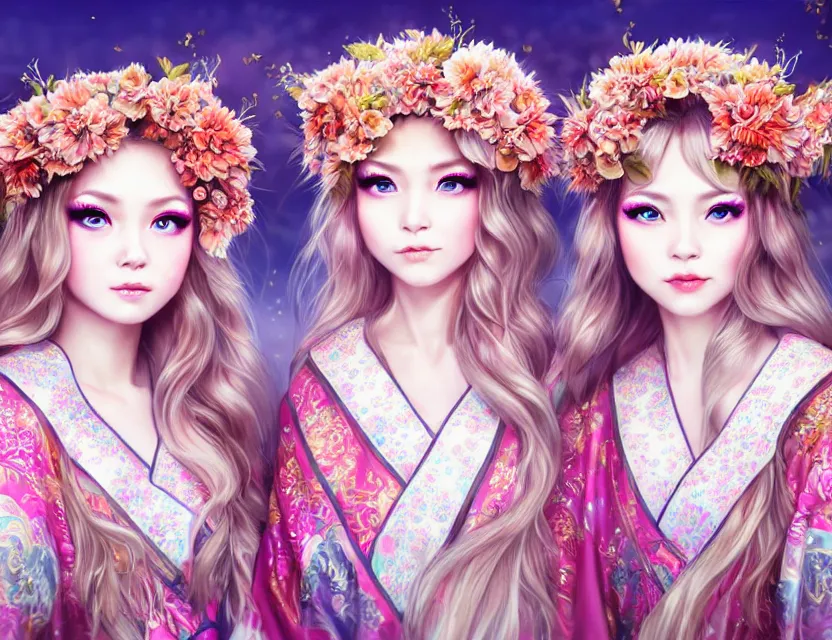 Image similar to two beautiful fashion siberian girls wear fantasy kimono in festival | | big eyes, sunny, dreamlike art, realistic shaded, smile, good looking, hyper details, 4 k realistic, cryengine, realistic shaded lighting poster by artgerm, ross tran, fuji choko, loish, 8 k resolution, trending on artstation, luxury