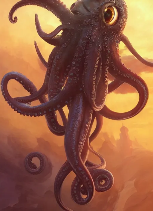 Image similar to a holy cephalopod with long powerful tentacles, a single large eye and angelic wings, highly detailed, digital painting, artstation, concept art, matte, sharp focus, illustration, dramatic, sunset,hearthstone, art by Artgerm and Greg Rutkowski and Alphonse Mucha