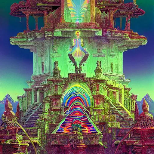 Prompt: overgrown jain temple of death with glowing mayan rainbow skulls, by michael whelan and moebius and beeple and kilian eng and dan mcpharlin and pascal blanche and jamie hewlett and richard dadd, symmetrical, magical stormy reflections, smoke on water, disco laser rays, 8 k