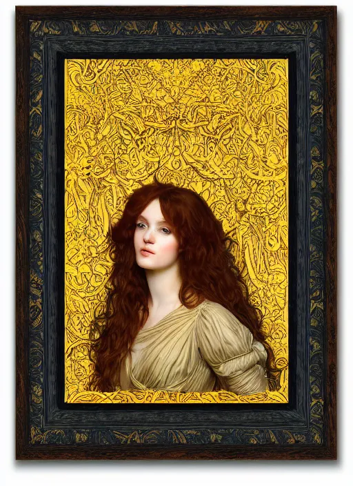 Prompt: masterpiece beautiful seductive flowing curves pose preraphaelite portrait photography, extreme closeup shot, straight bangs, thick set features, yellow ochre ornate medieval dress, mushroom forest arch, amongst foliage, william morris and kilian eng and mucha, framed, 4 k