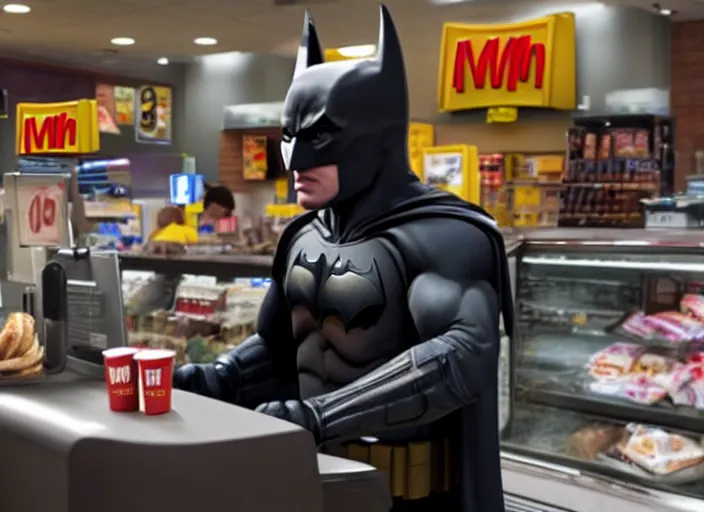 Image similar to film still of Batman working as a cashier at McDonalds in the new batman movie, 4k