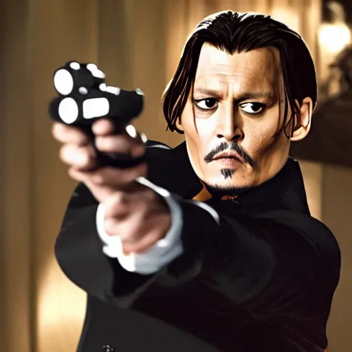 Image similar to johnny depp as James Bond, action scene, cinematic