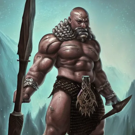 Image similar to frost goliath, with a two handed axe, tribal tattoos, very muscular, large fists, fantasy, d & d, intricate, detailed 4 k, trending on artstation, smooth, sharp focus