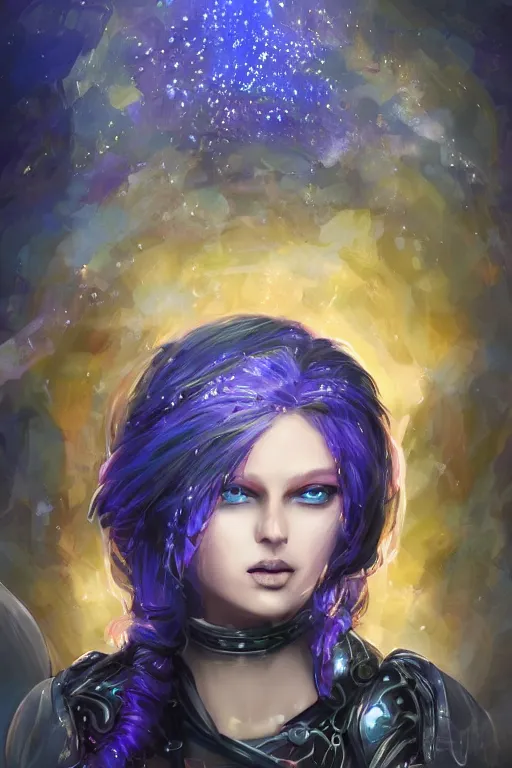 Prompt: Path of Exile, Maven, clear face, big blue eyes, straight nose, female image in shadow, with silver purple hair among colourful lights, dark blue spheres fly around, Anachronism, painting, dark fantasy, steampunk, 4k