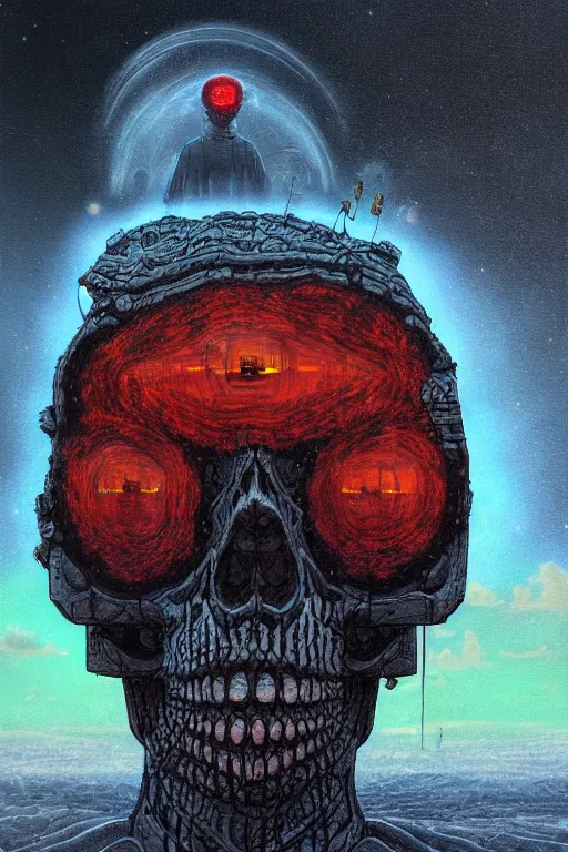 Image similar to 4K Indigenous cyberskull portrait inspired in beksinski and dan mumford work, remixed with Simon Stalenhag work, sitting on the cosmic cloudscape