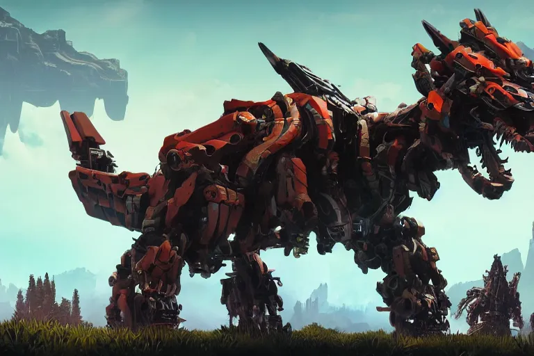 Image similar to behemoth machine mecha animal beast robot of horizon forbidden west horizon zero dawn bioluminiscence global illumination ray tracing hdr fanart arstation by sung choi and eric pfeiffer and gabriel garza and casper konefal