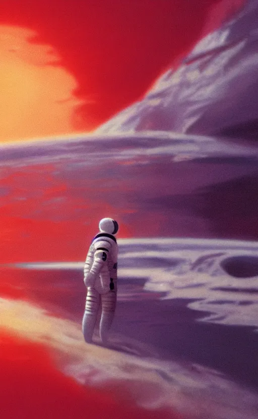 Image similar to astronaut in ocean drowning in red water, high noon, rendered in octane, matte painting sci-fi artwork by syd mead