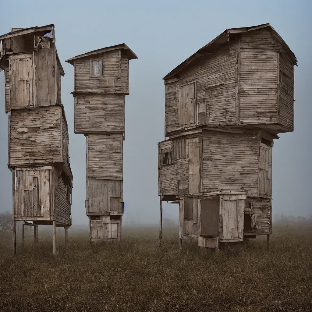 Image similar to two high towers made up of makeshift squatter shacks with faded colours, plain uniform sky at the back, misty, mamiya, ultra sharp, very detailed, photographed by julie blackmon