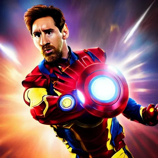 Image similar to Lionel Messi as Ironman in The Avengers, Marvel, Film Still, 35mm dramatic lighting, cinematic, deep focus, styleframe,