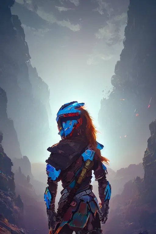 Image similar to combination suit armor aloy horizon forbidden west horizon zero dawn radiating a glowing aura global illumination ray tracing hdr fanart arstation by ian pesty and alena aenami artworks in 4 k tribal robot ninja mask helmet backpack