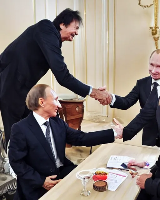 Prompt: sixty years old viktor tsoi in a business suit shaking hands with vladimir putin, joyful look, kremlin, mscow, color photo, in the style of documentary journalism, mid shot photo, digital photo, 4 k