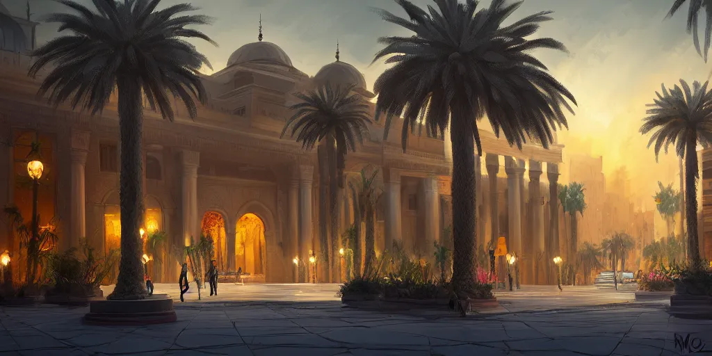 Image similar to a beautiful concept painting in the style of eddie mendoza with a landscape of the khedival opera house in talaat harb square cairo with lush landscaping, date palm trees, shrubs and flowers. eddie mendoza, trending on artstation