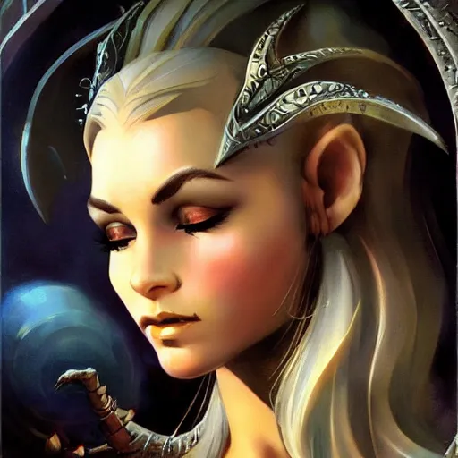 Image similar to elven princess character portrait by frank frazetta, fantasy, dungeons & dragons, sharp focus, beautiful, artstation contest winner, detailed