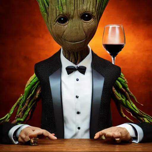 Image similar to realistic groot as a gentleman wearing tuxedo drinking wine on a studio shot, digital art, trending on artstation, behance, octane, intricate, ornate, photorealistic, hyper realism, high detail, movie shot, studio lighting, 8 k, vivid colors, smooth gradients, cinematic