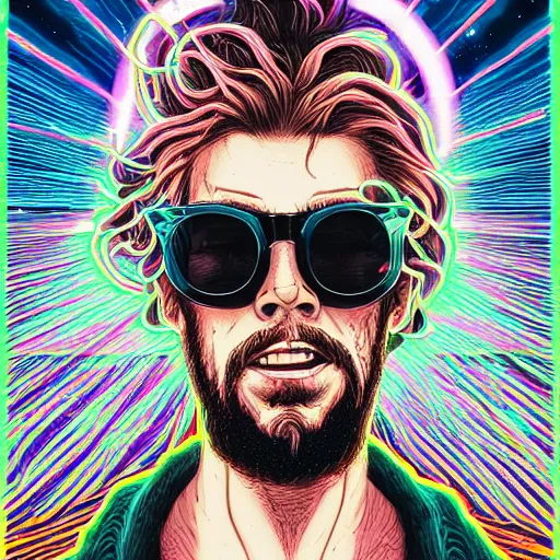 Prompt: the second coming of hipster jesus wearing neon slotted sunglasses, art by dan mumford and yusuke murata and makoto shinkai and ross tran, heavenly, god rays, intricate detail, cinematic, 8 k, cel shaded, unreal engine, featured on artstation, pixiv