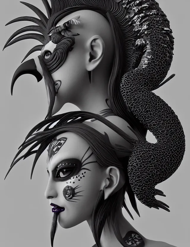 Image similar to 3 d goddess close - up profile simple portrait punk with mohawk with ram skull. beautiful intricately detailed japanese crow kitsune mask and clasical japanese kimono. betta fish, jellyfish phoenix, bio luminescent, plasma, ice, water, wind, creature, artwork by tooth wu and wlop and beeple and greg rutkowski