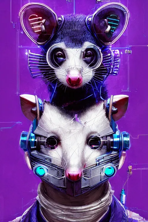 Image similar to a beautiful portrait of a cute cyberpunk opossum by sandra chevrier and greg rutkowski and wlop, purple blue color scheme, high key lighting, volumetric light, digital art, highly detailed, fine detail, intricate, ornate, complex, octane render, unreal engine, photorealistic