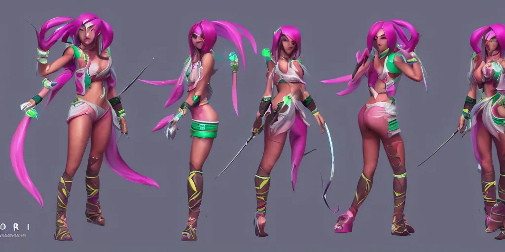 Image similar to 360 degree character sheet of Arcade Akali (wild rift). 3d render, octane render, realistic, highly detailed, trending on artstation