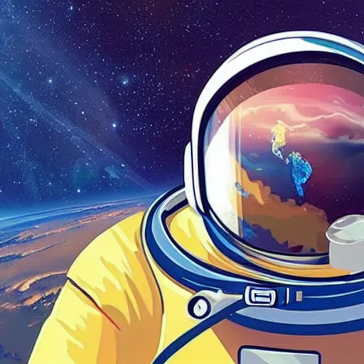 Image similar to astronaut drifting in space staring back at the earth in the style of Alexei Vella