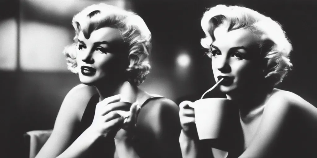 Image similar to A close-up, color cinema film still of a marlin monroe drinking coffee at a starbucks, ambient lighting at night.