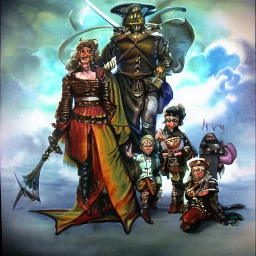 Prompt: high fantasy 1 9 8 0's wargame airbrushed artwork - inspired octane render, a happy sitcom family with an evil demonic occult monster