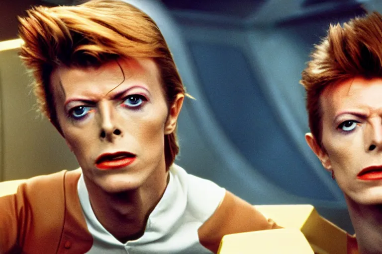 Image similar to a young David Bowie on the bridge of a starship, movie still,color,70mm