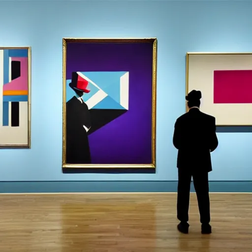 Prompt: in an art gallery, there is a huge painting of carmen herrera blue with white line. a man in a top hat and a suit is admiring the painting. cgsociety, surrealism, surrealist, dystopian art, purple color scheme