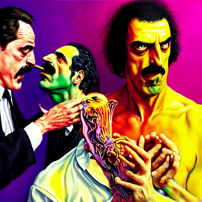 Image similar to bright psychedelic mike patton eating frank zappa who is puking hitler, diffuse lighting, fantasy, intricate, elegant, highly detailed, lifelike, photorealistic, digital painting, artstation, illustration, concept art, smooth, sharp focus, art by francis bacon