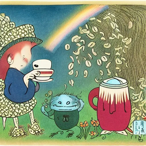 Prompt: a coffee advertisement with friendly monsters dancing around beautiful steaming cups of coffee, amongst coffee beans and flowers, and rainbows in the style of Japanese illustration, Maurice Sendak, Tove Jansson, high definition